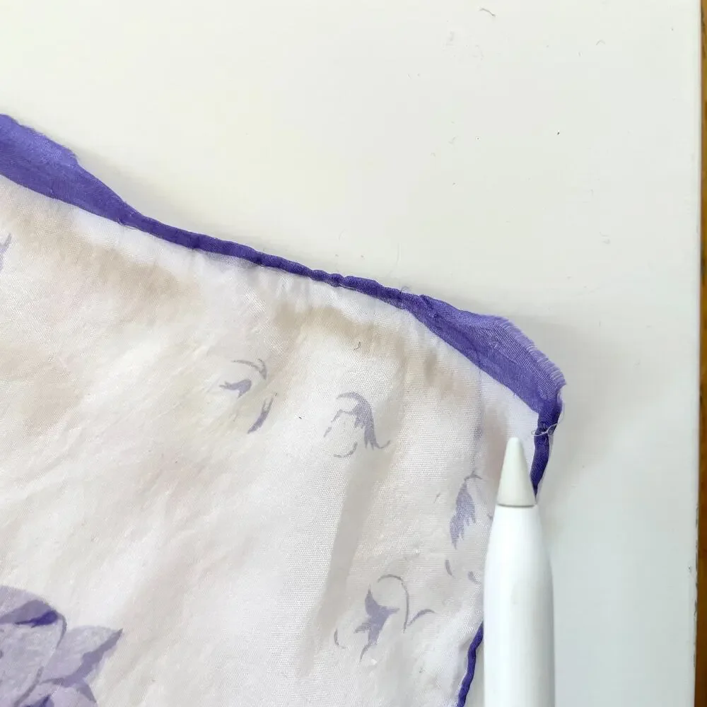 Vintage Silk Scarf Floral White Purple Romantic Feminine Parisian Euro Summer
